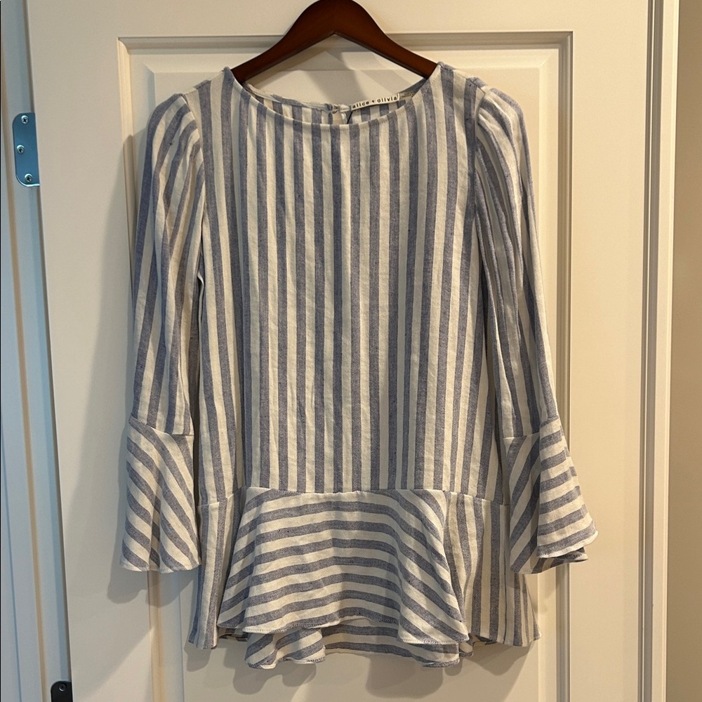 Alice + Olivia Gray and White Striped Peplum Blouse